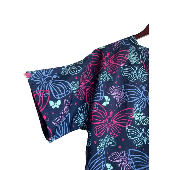 Shana Women Scrub Top L Navy Butterfly‎ Medical Uniform Nurse Workwear Dental - Picture 7 of 11